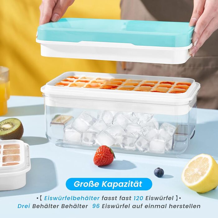 Ice cube mold, ice cube container, 96 ice cubes, ice cube mold with lid, with 3 trays, easy push to release ice, leak-proof, cooling for cocktails, whisky, coffee, blue