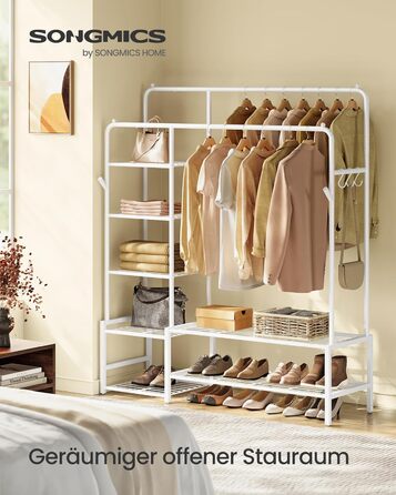 SONGMICS Стійка для одягу, відкрита шафа, вішалка для одягу з 7 полицями, металевий каркас, перекладина для одягу, для спальні, вітальні, передпокою, HSR182B01 (Білий, 115,8B см)