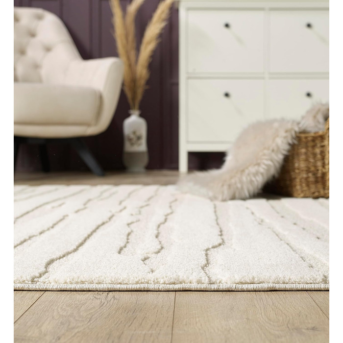 Килим Everest - сучасний коротковорсовий килим для вітальні та спальні з ефектом висоти-низькості, 3D-ефект, висока щільність ворсу та приємна м'якість, абстрактний дизайн, кремовий, 80 x 150 см