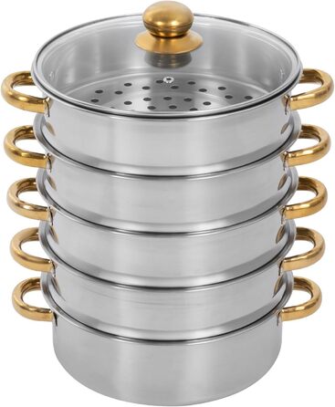 Багатоярусний паровар з нержавіючої сталі 5 ярусів з кришкою з скла, 26/28/30 см. Підходить для газових, індукційних та електричних плит.