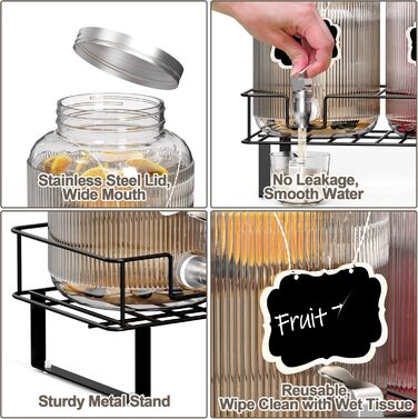 2 шт. скляні диспенсери для напоїв на 4 л з краном, металевий стійка та мірний стакан, для соку/коктейлів/трав'яного чаю, диспенсер для соку на вечірки та весілля