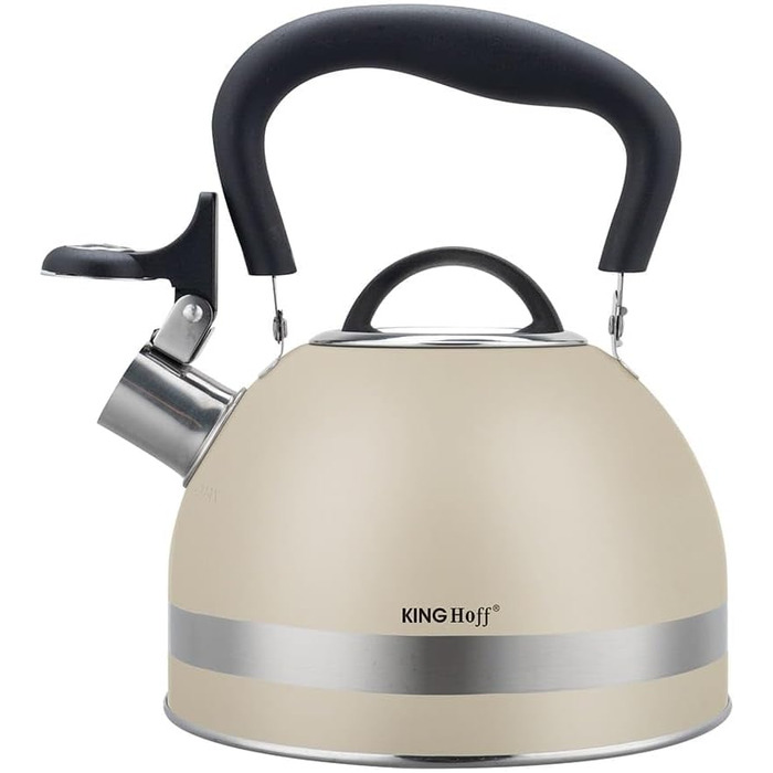 Чайник Kinghoff 1.8L з нержавіючої сталі з свистком, для індукційних плит, компактний, з відкидним ручками, чайник для плити, матовий (Бежевий)