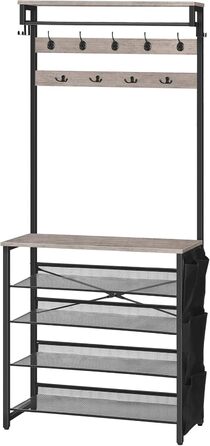 HOOBRO Coat Rack with Shoe Storage, Shoe Shelf with Coat Rack, Clothes Rack with 5-Tier Shoe Storage, Coat Rack with Shoe Cabinet, Adjustable Metal Grid Shelf, Greige EBG75MT01