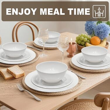 Набір посуду 36 предметів – незламний, легкий, з 26 oz мисками, десертними та обідніми тарілками, придатний для миття в посудомийній машині, багаторазовий, подарунок для дому, для щоденного використання, білий (набір з 6 комплектів)