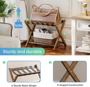 SMIBUY Luggage Rack, 2-Piece Set, Folding Bamboo Suitcase Stand with Shelf for Guest Room, Bedroom, Hotel, Heavy-Duty (Walnut)