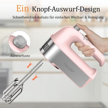 Електричний міксер 450W, 5 швидкостей, з мірним стаканом, 5 насадок з нержавіючої сталі, функція Turbo, кнопка викидання, рожевий