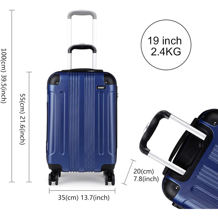 Набір валіз KONO 3шт: M, L, XL. Чорний колір, жорсткий корпус ABS, набір валіз-ролерів