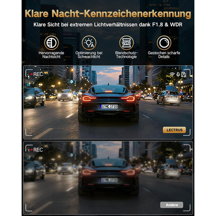 3-канальний автомобільний відеореєстратор 4K (передній, задній, салонний), 170° широкий кут, нічна зйомка, паркування 24/7, G-сенсор, WiFi 5.8 ГГц, SD-карта 64ГБ, чорний