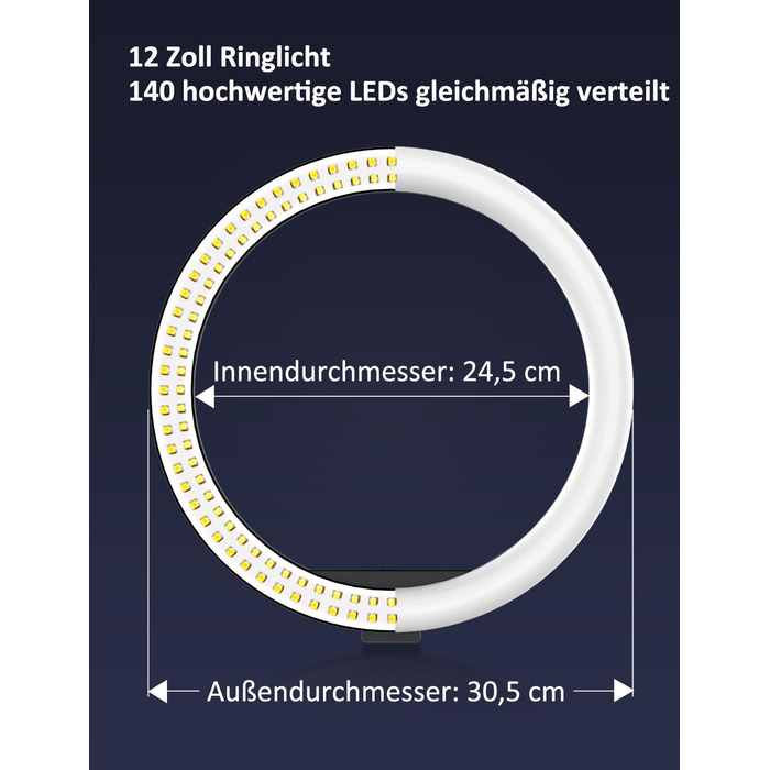 Ringlicht YOHOOLYO 12 дюймів зі штативом 163 см, 3 кольори світла, 10 рівнів яскравості для TikTok, YouTube, фото та відеозйомки