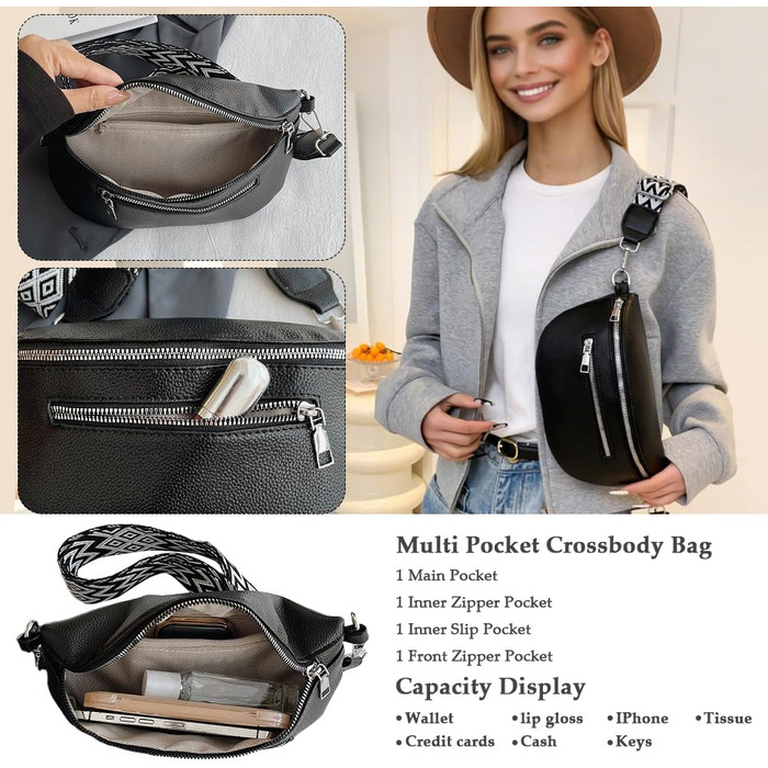 Жіноча сумка через плече з монетницею, шкіряна бананка, середнього розміру, з широким знімним ремінцем, поясна сумка для фестивалів, подорожей, повсякденного використання, біла (чорна)