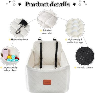 Автокрісло для собак маленьких та середніх порід, з кишенями для зберігання, поводок, посилене автоліжко для собак (білий, середній)