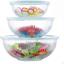 Luvan Glas Mixing Bowls with Lids 3-Piece Set (3.5 L, 2 L, 1 L), Large Round Salad Bowls for the Kitchen, Ideal for Storing Food, Cooking, Baking, Meal Prep, Dishwasher Safe