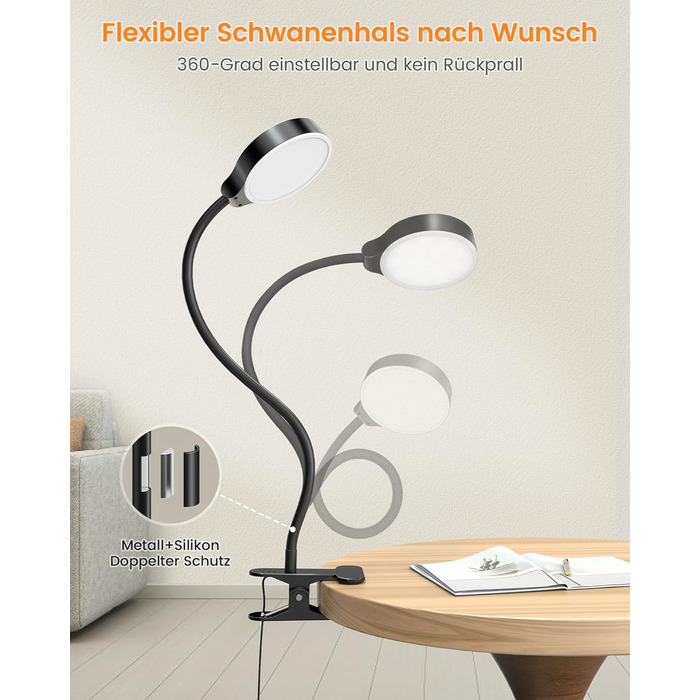 Glocusent 5W LED Лампа для читання на ліжко, кліпса, 36 LED, 5 рівнів яскравості, гнучкий тримач, CRI 90, USB зарядка (біла)