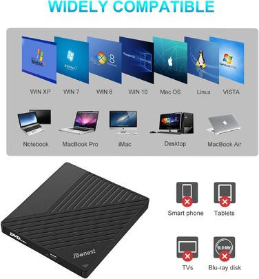 Зовнішній CD/DVD привід USB 3.0 Type-C з картридером SD/TF, портативний RW-записувач для ноутбука, ПК, MacBook (Windows, macOS, Linux) — Чорний