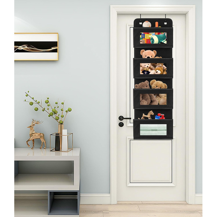 Настінна вішалка-органайзер на двері з 4 великими кишенями та прозорим вікном, 2 металеві гачки, чорний колір, для спальні, офісу, дитячої кімнати