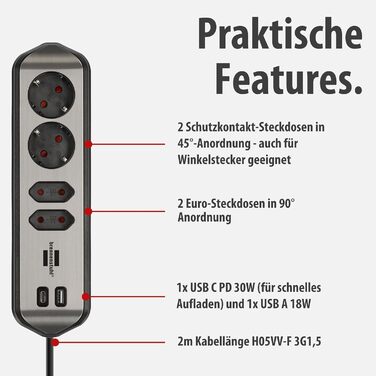 Бренненштуль Estilo Розподільний блок розеток кутовий 4-fach (USB 30W), срібно-чорний