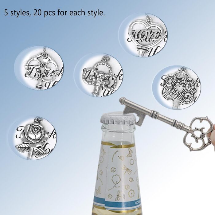 Aokbean Vintage Bottle Opener 100pcs Skeleton Wedding Gifts Guest Memorial Favor Set with Thank You Card and Chain for Wedding Birthday Baptism Party Gifts (Antique Silver)