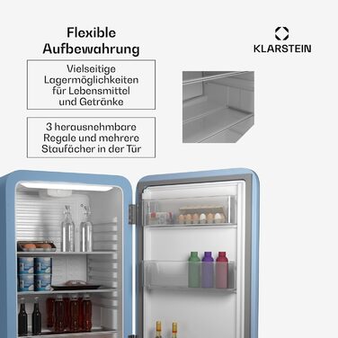 Klarstein 32L Mini Fridge with Freezer - Retro Mini Bar for Drinks & Cosmetics - Compact & Quiet Skincare Fridge for Bedroom - Blue