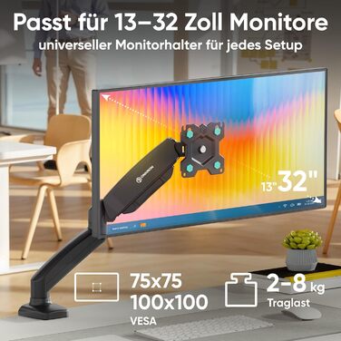 Кріплення для монітора ONKRON G80-B/G80T-B: газ-амортизатор, поворотний, нахильний, VESA 75x75-100x100, для моніторів 13-32 дюймів, до 8 кг