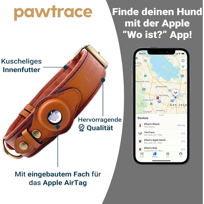 PawTrace Airtag Dog Collar Leather. Durable collar made of genuine leather compatible with Apple AirTag. More comfortable protection for small & large dogs. GPS dog band in brown. Adjustable (XS) XS (circumference 25-33cm)