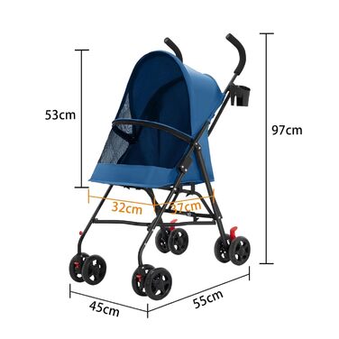 Візок для собак та котів OHMG, складаний, до 20 кг, з гальмами, великий кошик, 3 вікна, тримач для напоїв, блакитний