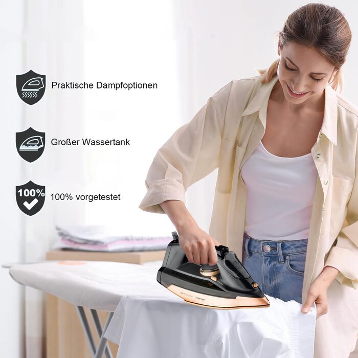 Iron, 2600 W Steam Iron, Ceramic Soleplate, Self-Cleaning & Spray Water Function, Anti-Calc, Drip Stop, Vertical Steam, Steam Iron (Black)