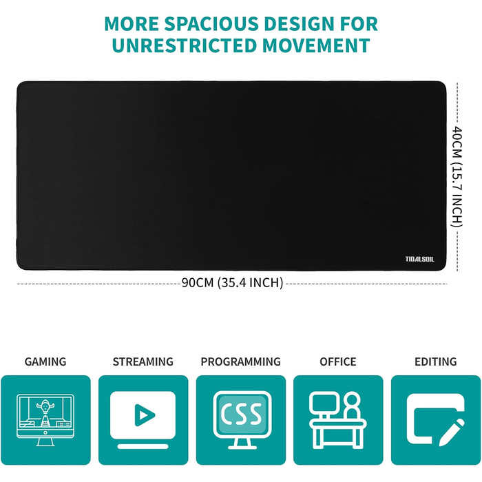 Килимок для миші геймерський XXL 900x400 мм, чорний, з гумовою основою - килимок для ігор та офісу, довговічний, з бортиком