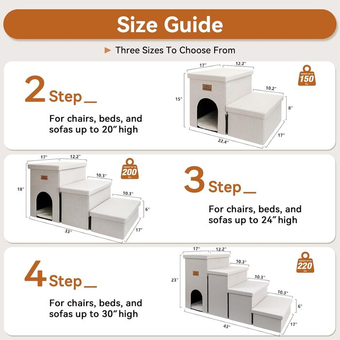 Сходинки для собак та котів 2-ступінчасті, 38.1 см, розкладні, стабільні, для маленьких, середніх та великих порід, бежеві