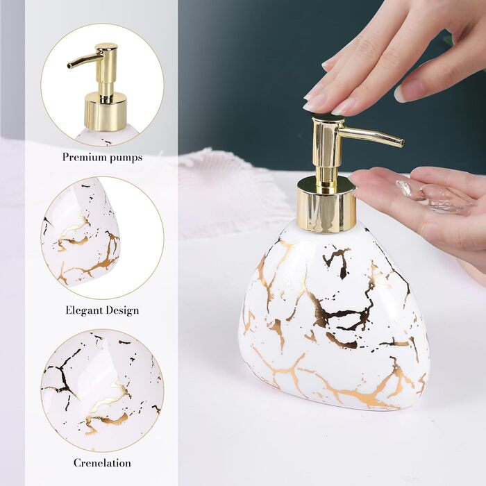 Bathroom Accessories Set, Gold Marble Look, Modern 6-Piece Bathroom Accessories Set, complete with soap dispenser, toothbrush holder, cup, tray, countertop (White Gold)