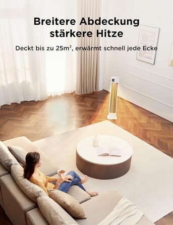 Midea NTH20-22GR(WH) Heater - Energy-Saving, Quiet with Remote Control, PTC 2000 Watt Ceramic Heater with Thermostat, 2 Heat Settings, 24H Timer, ECO Mode, for Large Rooms, 75° Oscillation, 76.5CM