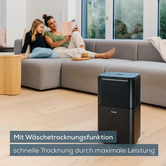 Електричний осушувач повітря Beurer LE 150: 12л/24г, осушувач для кімнати з функцією сушіння білизни, тихий нічний режим, захист від плісняви та запахів, бак 2л, до 30м2