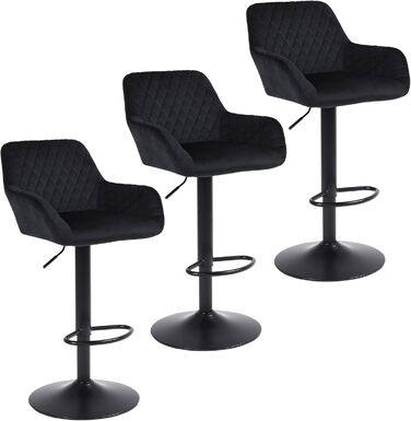 Ralex Velvet Bar Stools 3-Piece Set - Adjustable Swivel Bar Height Chairs with Backrest & Armrests for Kitchen, Bar & Counter (Black)