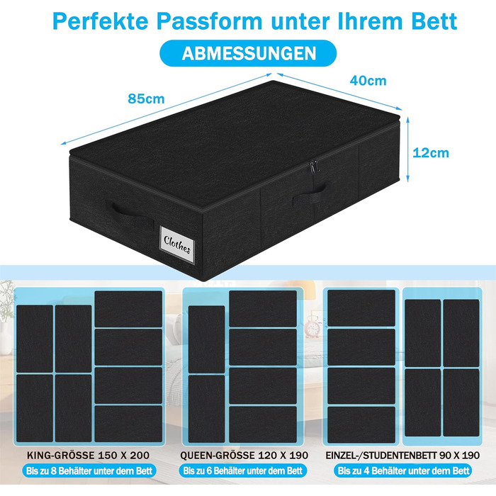 Коробки для зберігання під ліжко з кришкою, 12 см, 4 шт. Складані контейнери для одягу та постільної білизни, чорні