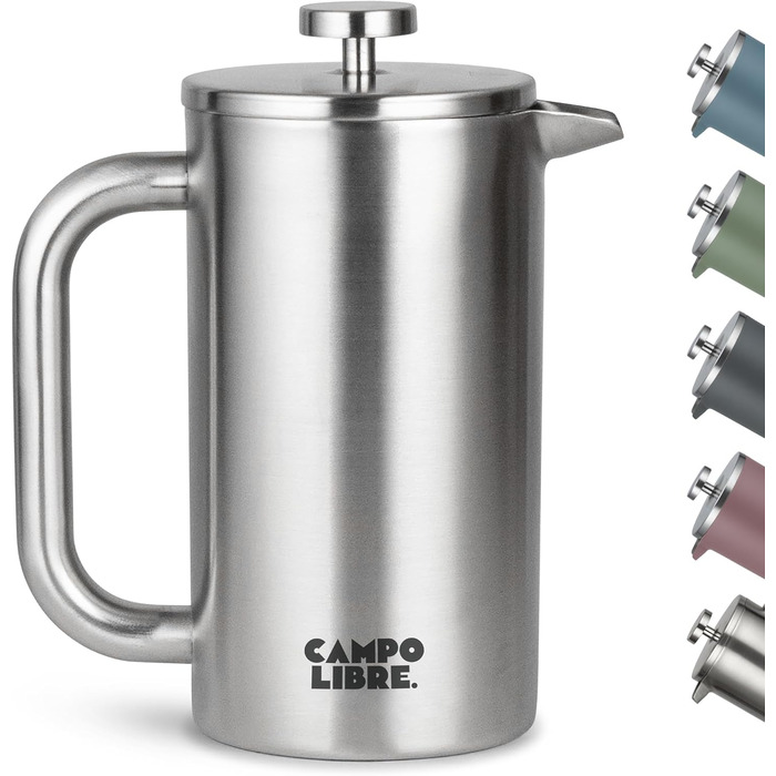 Campo Libre.® Giorgio. French Press Coffee Maker made of double-walled stainless steel 1l | plastic-free coffee press with thermal function incl. replacement filter | coffee maker made of 100% recycled stainless steel 1000ml Matt Steel