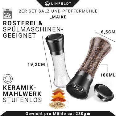 Набір з 2 мельниць для солі та перцю з регульованим керамічним жорном, нержавіюча сталь, придатні для миття в посудомийній машині, чорний, 19,2x6,5 см
