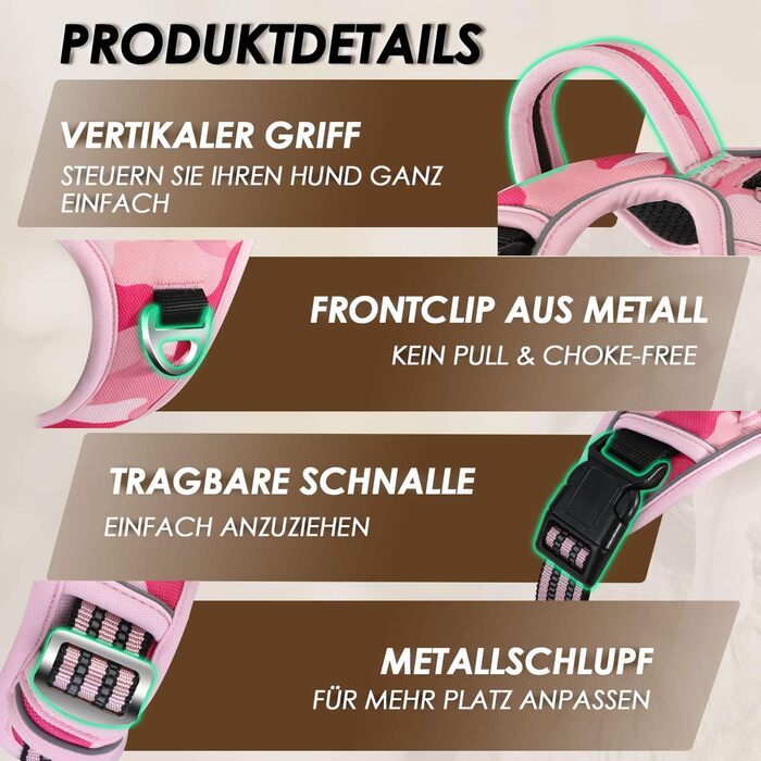 Нашийник для собак великих порід, шлейка з двома карабінами та зручною ручкою, регульована та світловідбиваюча, для щоденних тренувань (L), камуфляж рожевий