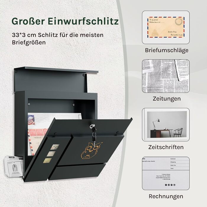 Поштова скринька WOLTU XXL з газетницею, оглядовим вікном, замком та 2 ключами, антрацит+жовтий (10,5x37x37 см)