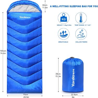 Yordawn Sleeping Bag - Outdoor Camping & Travel - Adult & Kids - 3-4 Season, Ultralight, Waterproof, Blue