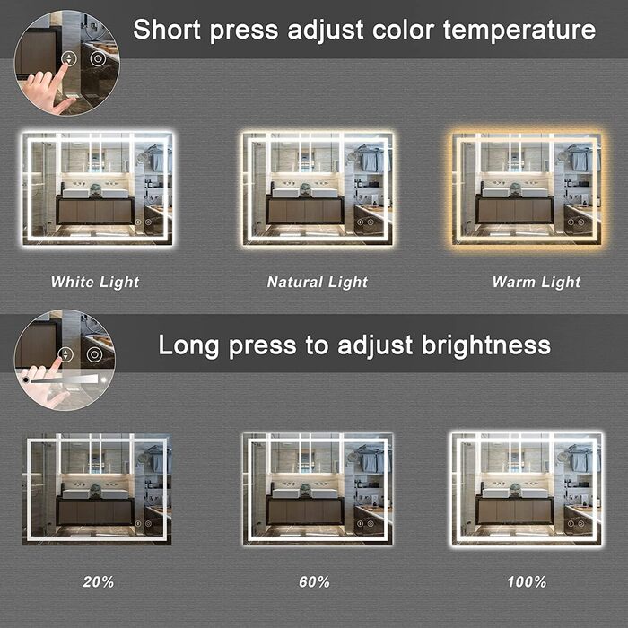 Дзеркало для ванної кімнати Dripex LED з підсвічуванням, сенсорне керування, регулювання яскравості, 3 кольори світла, антизапарник, 50x70 см