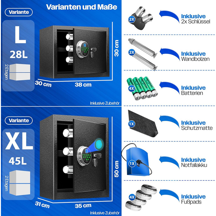Електронний сейф KESSER® з відбитком пальця та ключем L | Вбудований акумулятор | 3x подвійний замок | Настінний/підлоговий сейф | Чорний