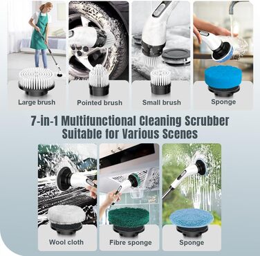 Electric Cleaning Brush, Temodu 7-in-1 Electric Spin Scrubber, Shower Cleaning Brush with Adjustable, 7 Interchangeable Drill Brush Heads for Bathroom/Glass/Tiles/Floor/Car