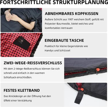 Спальний мішок для дорослих – широка прямокутна модель на 3 сезони з кишенею та сумкою для перенесення, 300 г/м² бавовна, водонепроникний, для кемпінгу, дому та відпочинку на природі, блискавка з правого боку