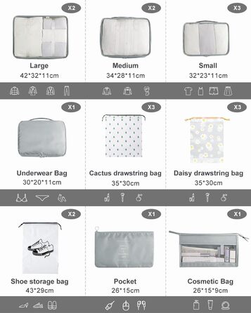 Набір органайзерів для валізи 18 шт, водонепроникні Packing Cubes, сірий - багатофункціональні тревел-органайзери для подорожей з чохлами для одягу