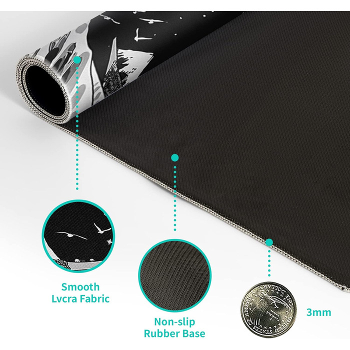 Чорне абстрактне килимок для миші з морем, 80x20 см - килимок для миші з текстурою хвилі, антиковзаюча гумова основа, великий килимок для столу для офісу та дому