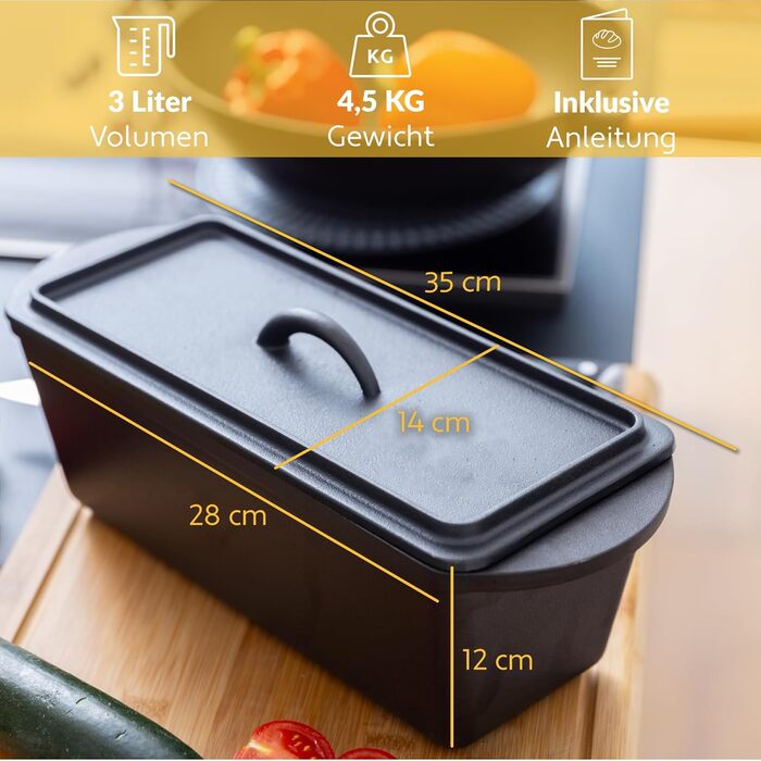 Chefaron Cast Iron Bread Baking Pan with Lid - Baking pan for bread and cake - cast iron bread pot - loaf pan baking roasting rectangular - cast iron pot bread baking - 28 x 12 cm rectangular loaf pan