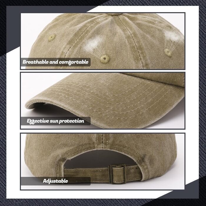 3 бейсболки для чоловіків та жінок, регульовані, бавовна, бейсболка, вінтаж, унісекс, сонцезахисний капелюх, спортивна кепка для активного відпочинку, подорожей (55-60, чорний, світло-сірий, хакі)