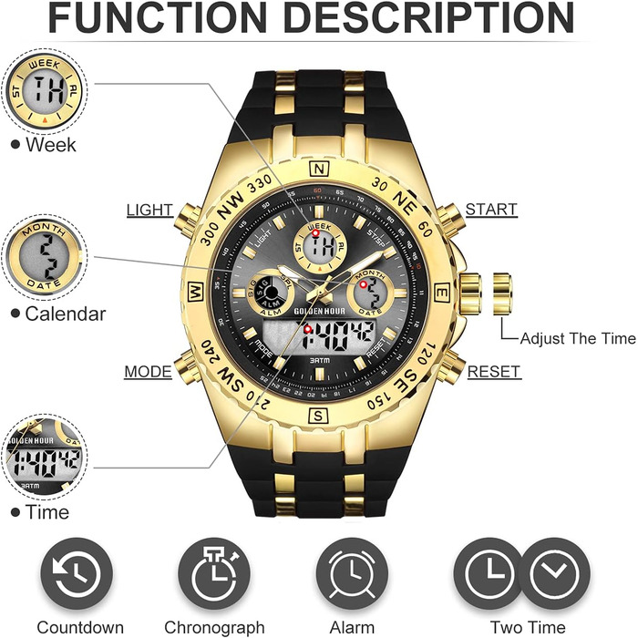 Чоловічий військовий годинник: спортивний, з датою, будильником, світлодіодом, секундоміром. Великий годинник для чоловіків (чорний, золотий)