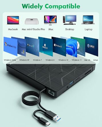 Зовнішній DVD-привід PeroBuno USB 3.0 Type-C, CD/DVD ROM +/-RW, ультратонкий оптичний накопичувач та записник для ноутбука, ПК, MacBook (Windows, Linux, macOS)