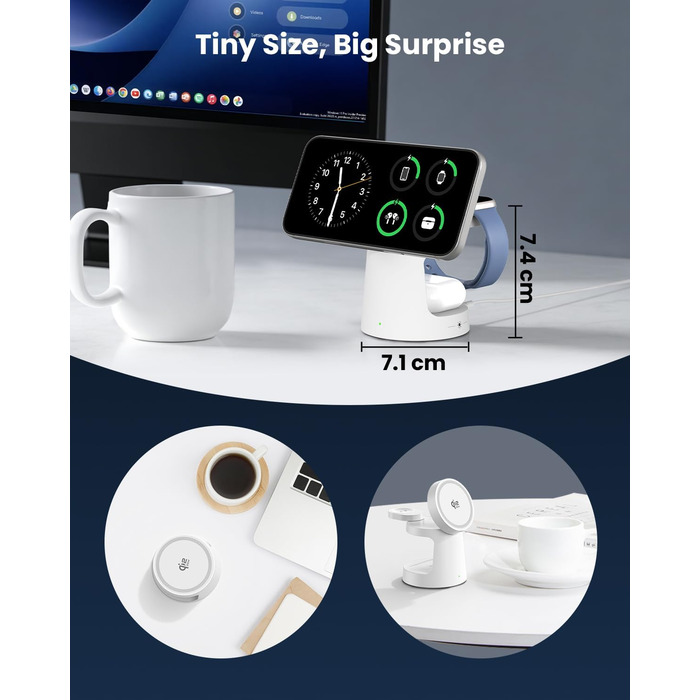 Зарядна станція GEEKERA Qi2.2 25W 3-в-1 з нічником, MagSafe сумісна, для iPhone 12-17, Apple Watch 2-11, AirPods + 45W GaN адаптер (Матовий білий)