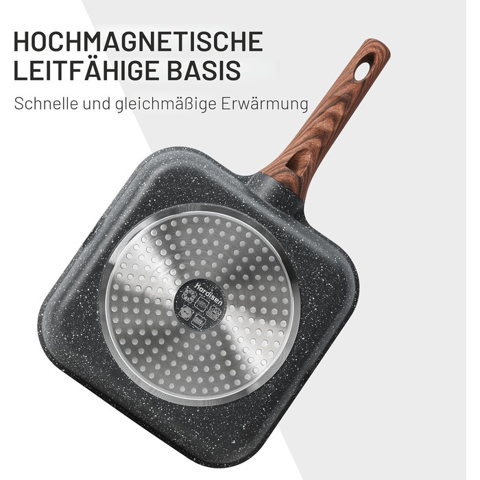 Kordisen Гриль сковорода антипригарна 24 см квадратна для індукції, гранітне покриття, з виливом, універсальна для приготування в приміщенні, без PFOA, чорна